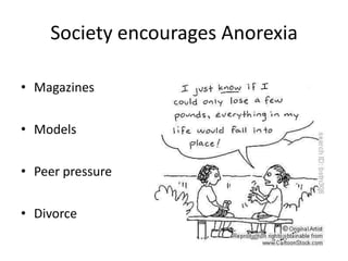Society encourages Anorexia

• Magazines

• Models

• Peer pressure

• Divorce
 