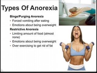 Types Of Anorexia
  Binge/Purging Anorexia
  • Forced vomiting after eating
  • Emotions about being overweight
  Restrictive Anorexia
  • Limiting amount of food (almost
    none)
  • Emotions about being overweight
  • Over exercising to get rid of fat
 