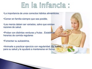 •La importancia de unos correctos hábitos alimenticios.
•Comer en familia siempre que sea posible.
•Los menús deben ser variados, salvo que existan
razones de salud.
•Probar con distintas verduras y frutas . Establecer
horarios de comida regulares
•Fomentar su autoestima.
•Animarle a practicar ejercicio con regularidad. Es bueno
para su salud y le ayudará a mantenerse en forma.

 
