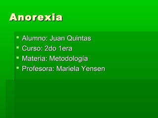 Anorexia





Alumno: Juan Quintas
Curso: 2do 1era
Materia: Metodología
Profesora: Mariela Yensen

 