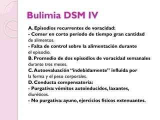 Bulimia DSM IV
A. Episodios recurrentes de voracidad:
- Comer en corto período de tiempo gran cantidad
de alimentos.
- Falta de control sobre la alimentación durante
el episodio.
B. Promedio de dos episodios de voracidad semanales
durante tres meses.
C.Autoevaluación “indebidamente” influida por
la forma y el peso corporales.
D. Conducta compensatoria:
- Purgativa: vómitos autoinducidos, laxantes,
diuréticos.
- No purgativa: ayuno, ejercicios físicos extenuantes.
 