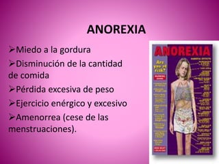 ANOREXIA
Miedo a la gordura
Disminución de la cantidad
de comida
Pérdida excesiva de peso
Ejercicio enérgico y excesivo
Amenorrea (cese de las
menstruaciones).
 