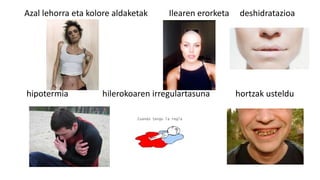Azal lehorra eta kolore aldaketak Ilearen erorketa deshidratazioa
hipotermia hilerokoaren irregulartasuna hortzak usteldu
 