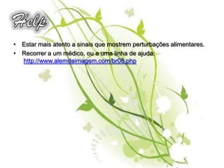 IntroduçãoNo âmbito da disciplina de ADP decidimos realizar este trabalho, porque achamos que a anorexia e a bulimia são doenças muito graves no nosso mundo… e gostávamos de abordar as principais consequências destas doenças e dizer como podem começar, e acabar em morte. A anorexia nervosa começa com a perda de apetite que se caracteriza por uma dieta rigorosa. 
