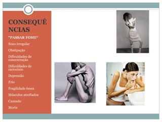 CONSEQUÊNCIAS "PASSAR FOME“ Sono irregular Obstipação Dificuldades de concentração Dificuldades de raciocínio Depressão Frio Fragilidade óssea Músculos atrofiados Cansado Morte 