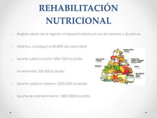 REHABILITACIÓN
NUTRICIONAL
● Registro diario de la ingesta, la hiperactividad y el uso de laxantes y diuréticos.
● Objetivo: conseguir el 80-85% del peso ideal
● Aporte calórico inicial 1200-1500 kcal/día
● Incrementar: 250-500 kcal/día
● Aporte calórico máximo: 2200-2500 kcal/día
● Aporte de mantenimiento: 1800-2800 kcal/día
 