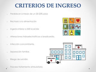 CRITERIOS DE INGRESO
● Perdida en 6 meses de un 20-25% peso
● Rechazo a la alimentación
● Ingesta inferior a 500 kcal/día
● Alteraciones hidroelectrolíticas o bradicardia.
● Infección concomitante.
● Separación familiar.
● Riesgo de suicidio.
● Fracaso tratamiento ambulatorio.
 