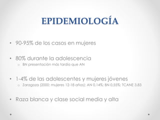 EPIDEMIOLOGÍA
• 90-95% de los casos en mujeres
• 80% durante la adolescencia
o BN presentación más tardía que AN
• 1-4% de las adolescentes y mujeres jóvenes
o Zaragoza (2000; mujeres 12-18 años): AN 0,14%; BN 0,55%; TCANE 3,83
• Raza blanca y clase social media y alta
 