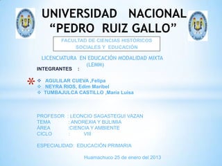UNIVERSIDAD NACIONAL
      “PEDRO RUIZ GALLO”
            FACULTAD DE CIENCIAS HISTÓRICOS
                SOCIALES Y EDUCACIÓN

     LICENCIATURA EN EDUCACIÓN MODALIDAD MIXTA
                    (LEMM)
    INTEGRANTES   :



*    AGULILAR CUEVA ,Felipa
     NEYRA RIOS, Edim Maribel
     TUMBAJULCA CASTILLO ,María Luisa



    PROFESOR   : LEONCIO SAGASTEGUI VAZAN
    TEMA        : ANOREXIA Y BULIMIA
    ÁREA        :CIENCIA Y AMBIENTE
    CICLO       :     VIII

    ESPECIALIDAD: EDUCACIÓN PRIMARIA

                      Huamachuco 25 de enero del 2013
 