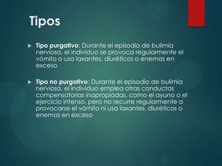 Tipos


Tipo purgativo: Durante el episodio de bulimia
nerviosa, el individuo se provoca regularmente el
vómito o usa laxantes, diuréticos o enemas en
exceso



Tipo no purgativo: Durante el episodio de bulimia
nerviosa, el individuo emplea otras conductas
compensatorias inapropiadas, como el ayuno o el
ejercicio intenso, pero no recurre regularmente a
provocarse el vómito ni usa laxantes, diuréticos o
enemas en exceso

 