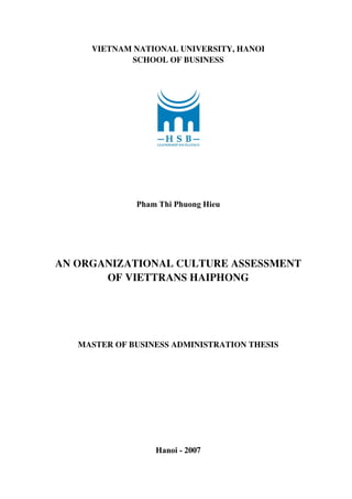 vietnam national university, HANOI
school of business
Pham Thi Phuong Hieu
An organizational culture assessment
of viettrans haiphong
master of business administration thesis
Hanoi - 2007
 