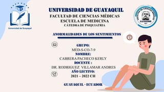 UNIVERSIDAD DE GUAYAQUIL
FACULTAD DE CIENCIAS MÉDICAS
ESCUELA DE MEDICINA
CÁTEDRA DE PSIQUIATRIA
ANORMALIDADES DE LOS SENTIMIENTOS
GRUPO:
MED-S-CO-7-9
NOMBRE:
CABRERA PACHECO KERLY
DOCENTE :
DR. RODRIGUEZ VILLAMAR ANDRES
AÑO LECTIVO:
2021 – 2022 CII
GUAYAQUIL - ECUADOR
 