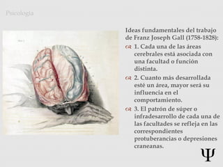 Ideas fundamentales del trabajo
de Franz Joseph Gall (1758-1828):
 1. Cada una de las áreas
cerebrales está asociada con
una facultad o función
distinta.
 2. Cuanto más desarrollada
esté un área, mayor será su
influencia en el
comportamiento.
 3. El patrón de súper o
infradesarrollo de cada una de
las facultades se refleja en las
correspondientes
protuberancias o depresiones
craneanas.
Psicología
Photo Credit: <a
href="http://www.flickr.com/photos/33711502@N06/3138247450/">brain_blogger</a> via <a
href="http://compfight.com">Compfight</a> <a
href="http://creativecommons.org/licenses/by/2.0/">cc</a>
 
