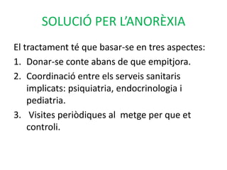 En els homes disminució de d'interès sexual.CONSEQÜÈNCIESPèrdua del cabell.Pell seca i groguenca .Peus i mans inflades.Dolor abdominal en asseure's degut a la pèrdua de greix.Pensaments confusos i memòria pobre.El cor es debilita.Insomni.En casos de major gravetat:Deshidratació.Mort.