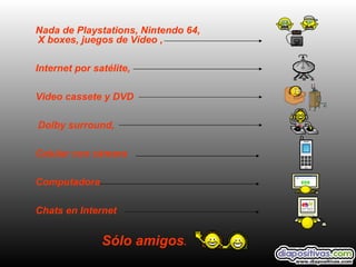 Nada de Playstations, Nintendo 64,
X boxes, juegos de Vídeo ,

Internet por satélite,

Video cassete y DVD

Dolby surround,

Celular con cámara

Computadora

Chats en Internet


               Sólo amigos.
 