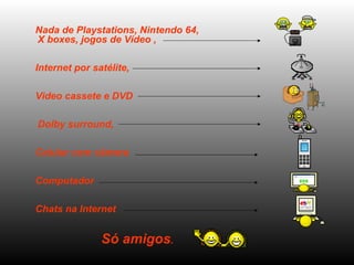 Nada de Playstations, Nintendo 64,
X boxes, jogos de Vídeo ,
Internet por satélite,
Video cassete e DVD
Dolby surround,
Celular com câmera
Computador
Chats na Internet
Só amigos.
 