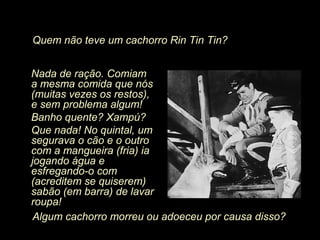 Nada de ração. Comiam
a mesma comida que nós
(muitas vezes os restos),
e sem problema algum!
Banho quente? Xampú?
Que nada! No quintal, um
segurava o cão e o outro
com a mangueira (fria) ia
jogando água e
esfregando-o com
(acreditem se quiserem)
sabão (em barra) de lavar
roupa!
Algum cachorro morreu ou adoeceu por causa disso?
Quem não teve um cachorro Rin Tin Tin?
 