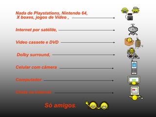 Nada de Playstations, Nintendo 64,
X boxes, jogos de Vídeo ,

Internet por satélite,

Video cassete e DVD

Dolby surround,

Celular com câmera

Computador

Chats na Internet


               Só amigos.
 
