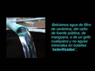 Bebíamos agua de filtro de cerámica, del ca ño de fuente pública , de manguera, o de un grifo cualquiera y no aguas minerales en botellas  ¨esterilizadas¨.   