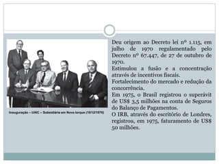 Inauguração – UAIC – Subsidiária em Nova Iorque (10/12/1976)
Deu origem ao Decreto lei nº 1.115, em
julho de 1970 regulamentado pelo
Decreto nº 67.447, de 27 de outubro de
1970.
Estimulou a fusão e a concentração
através de incentivos fiscais.
Fortalecimento do mercado e redução da
concorrência.
Em 1975, o Brasil registrou o superávit
de US$ 3,5 milhões na conta de Seguros
do Balanço de Pagamentos.
O IRB, através do escritório de Londres,
registrou, em 1975, faturamento de US$
50 milhões.
 