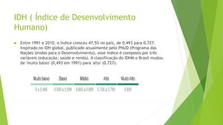 IDH ( Índice de Desenvolvimento
Humano)
 Entre 1991 e 2010, o índice cresceu 47,5% no país, de 0,493 para 0,727.
Inspirado no IDH global, publicado anualmente pelo PNUD (Programa das
Nações Unidas para o Desenvolvimento), esse índice é composto por três
variáveis (educação, saúde e renda). A classificação do IDHM o Brasil mudou
de 'muito baixo' (0,493 em 1991) para 'alto' (0,727).
 
