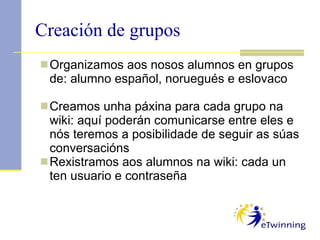 Organizamos aos nosos alumnos en grupos de: alumno español, noruegués e eslovaco Creamos unha páxina para cada grupo na wiki: aquí poderán comunicarse entre eles e nós teremos a posibilidade de seguir as súas conversacións  Rexistramos aos alumnos na wiki: cada un ten usuario e contraseña Creación de grupos 