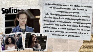 Helena
Helena
Jade
Jade
Sofia
Sofia
Muitos unidas desde sempre, mãe e filhas são mulheres
com personalidades fortes e não desistem até
conseguirem o que querem.
Sofia é inteligente, mas também impulsiva, seu maior
desafio é não se deixar levar pelas próprias emoções.
Helena é mais racional, mas não consegue ver ninguém
fazendo mal à sua família. Jade ensinou desde sempre
as filhas a nunca aceitarem injustiças e luta em segredo
para que o mundo que elas conhecem volte a ser o
mundo mágico em que ela creceu.
Muitos unidas desde sempre, mãe e filhas são mulheres
com personalidades fortes e não desistem até
conseguirem o que querem.
Sofia é inteligente, mas também impulsiva, seu maior
desafio é não se deixar levar pelas próprias emoções.
Helena é mais racional, mas não consegue ver ninguém
fazendo mal à sua família. Jade ensinou desde sempre
as filhas a nunca aceitarem injustiças e luta em segredo
para que o mundo que elas conhecem volte a ser o
mundo mágico em que ela creceu.
 