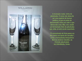 A invenção é esta: vinho de jabuticaba. O nome não deixa de ser uma espécie de licença poética, já que só pode ser denominado vinho pra valer o que deriva das uvas. Mas, sim, existe um fermentado feito de jabuticaba que, aliás, já está sendo exportado.    “ O concentrado da fruta passa um ano inteiro em barris de carvalho”, conta o farmacêutico-bioquímico Marcos Antônio Cândido, da Vinícola Jabuticabal,  em Hidrolândia, Goiás.    