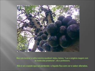 Mas vale lembrar a velha máxima saudável: bateu, tomou. “Luz e oxigênio reagem com as moléculas protetoras”, diz a professora. Não é só a saúde que sai perdendo: o líquido fica com cor e sabor alterados.    