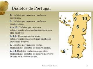 Dialetos de Portugal 
•1.Dialetos portugueses insulares açorianos. 
•8.Dialetos portugueses insulares madeirenses. 
•4. e 10.Dialetos portugueses setentrionais: dialetos transmontanos e alto-minhoto. 
•9. 6. 5. Dialetos portugueses setentrionais: dialetos baixo-minhotos- durienses-beirões. 
•7.Dialetos portugueses centro- meridionais: dialetos do centro litoral. 
•2. e 3. Dialetos portugueses centro- meridionais: dialetos do centro interior e do centro interior e do sul. 
Professora Vanda Barreto 14 
 