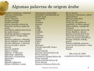 Algumas palavras de origem árabe 
•Açafrão (azzafaran, amarelo) Achaque (ashshaka, enfermidade) Açoite (assaut) Açougue (assok) Açude (assudd) Açúcar (assukarderiva do Sanscritoçarkara, grãos de areia) Alcachofra (Alkharshof, fruto do cardo manso) Alcalóide(palavra composta: Árab.alcali+ Gregoeîdos, forma) Alcateia (alkataia, rebanho) Álcool (alkohul, coisa subtil) Alcorão (Alkuran, a leitura) Alcova (al-qabu, quarto lateral) Alecrim (aliklil) Alface: al-khaçAlfaiate: al-khayyâtAlfândega: alfunduqAlfazema: al-khuzâmaAlgarismoÁlgebraAlgodão (alkutun) Alicate (allikkát, tenaz) Almanaque (almanakh) Almofada (almukhaddade khadd, face) AlmoxarifeAzeiteAzeitonaAzulejoCaféCáfilaCalifaCalifadoCeifaCeroulasChafarizCherneChifraCifraDamascoGarrafa (garrafâ, frasco bojudo) Javali (jabali) Laranja (naranjderiva do Persa naräng) Laranjeira (naranjderiva do Persa naräng) Limão (laimunderiva do Persa limun) Limoeiro (laimunderiva do Persa limun) Masmorra (matmura, celeiro subterrâneo) Matraca (mitraka) Nora (na'ûra) Oxalá (in shaallahou inshallah, se Deus quiser) Safra (safaria, estação da colheita) Tambor (tanburderiva do Persa dänbära, cítara) Xadrez (xatranjderiva do Sânscrito xaturanga, que consta de quatro membros) Xarope (sharab, bebida, poção) Xaveco (xabbak, pequeno navio de três mastros e velas latinas) Xeque 
São cerca de 1000, 
as palavras de origem árabe. 
Professora Vanda Barreto 25 
 