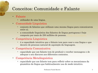 Conceitos: Comunidade e Falante 
•Falante 
•utilizador de uma língua. 
•Comunidade Linguística 
•conjunto de falantes que utilizam uma mesma língua para comunicarem entre si; 
•a comunidade linguística dos falantes de língua portuguesa é hoje composta por mais de 250 milhões de pessoas. Mapa da Lusofonia 
•Competência Linguística 
•é a capacidade intuitiva que o falante tem para usar a sua língua e que decorre do processo natural de aquisição da linguagem. 
•Competência Comunicativa 
•capacidade que um falante tem de produzir e receber mensagens e de adequar o seu discurso aos diferentes contextos. 
•Competência Metalinguística 
•capacidade que um falante tem para refletir sobre os mecanismos da gramática da língua que habitualmente usa de modo intuitivo. 
Professora Vanda Barreto 3 
 