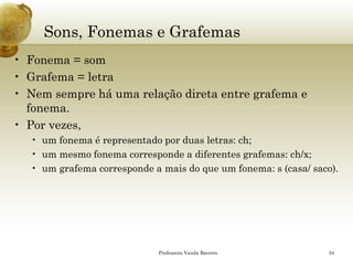 Sons, Fonemas e Grafemas 
•Fonema = som 
•Grafema = letra 
•Nem sempre há uma relação direta entre grafema e fonema. 
•Por vezes, 
•um fonema é representado por duas letras: ch; 
•um mesmo fonema corresponde a diferentes grafemas: ch/x; 
•um grafema corresponde a mais do que um fonema: s (casa/ saco). 
Professora Vanda Barreto 34 
 