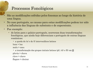 Processos Fonológicos 
•São as modificações sofridas pelos fonemas ao longo da história de uma língua. 
•No caso português, as causas para estas modificações podem ter sido a influência das línguas de substrato e de superstrato. 
•Poe exemplo: 
•do latim para o galaico-português, ocorreram duas transformações fonológicas, que ainda hoje diferenciam o português de outras línguas românicas: 
•a queda do /n/ e do /l/ intervocálicos latinos 
luna> lua 
malu> mau 
•a transformação dos grupos iniciais latinos /pl/, /cl/ e /fl/ em [ʃ] 
pluvia> chuva 
clave > chave 
flagare> cheirar 
Professora Vanda Barreto 41 
 