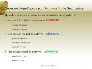 Processos Fonológicos por Supressãode Segmentos 
Quando um novo som deixa de ser articulado numa palavra: 
•em posição inicial da palavra –AFÉRESE 
•acumen> gume 
•atonitu> tonto 
•em posição medial da palavra –SÍNCOPE 
•generu> genro 
•veritate> verdade 
•atonitu> tonto 
•Em posição final da palavra –APÓCOPE 
•crudele> cruel 
•cruce> cruz 
Professora Vanda Barreto 44 
 