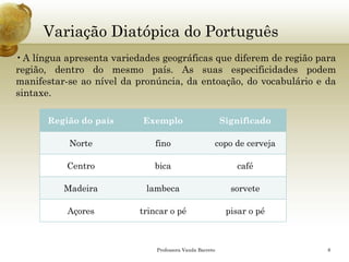 Variação Diatópica do Português 
•Alínguaapresentavariedadesgeográficasquediferemderegiãopararegião,dentrodomesmopaís.Assuasespecificidadespodemmanifestar-seaoníveldapronúncia,daentoação,dovocabulárioedasintaxe. 
Professora Vanda Barreto 8 
Região do país 
Exemplo 
Significado 
Norte 
fino 
copo de cerveja 
Centro 
bica 
café 
Madeira 
lambeca 
sorvete 
Açores 
trincar o pé 
pisar o pé  