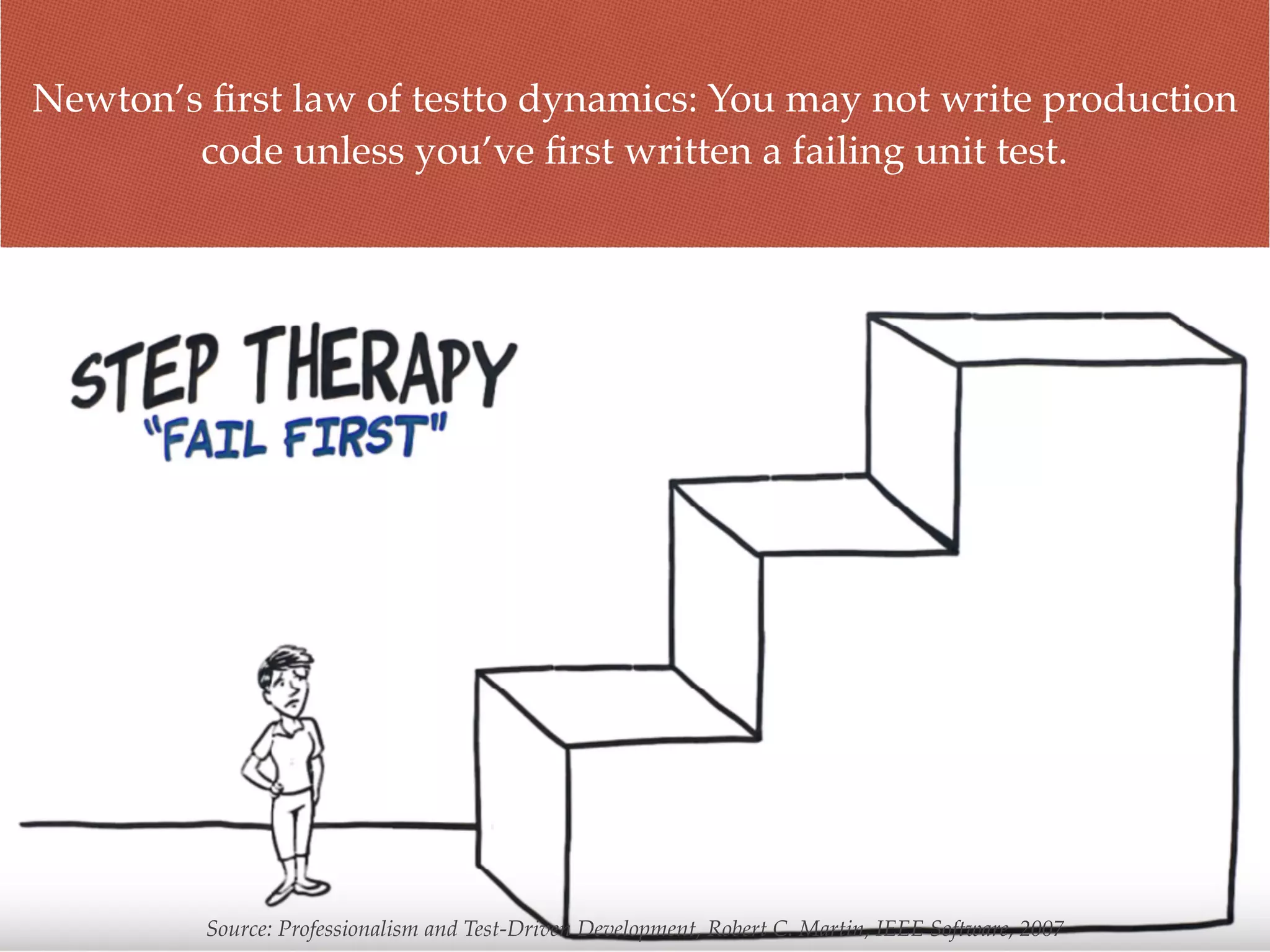 Newton’s ﬁrst law of testto dynamics: You may not write production
code unless you’ve ﬁrst written a failing unit test.
Source: Professionalism and Test-Driven Development, Robert C. Martin, IEEE Software, 2007
 