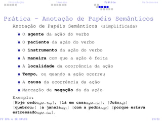 Introdução Imersão Prática References
Prática - Anotação de Papéis Semânticos
Anotação de Papéis Semânticos (simplificada)
O agente da ação do verbo
O paciente da ação do verbo
O instrumento da ação do verbo
A maneira com que a ação é feita
A localidade da ocorrência da ação
Tempo, ou quando a ação ocorreu
A causa da ocorrência da ação
Marcação de negação da da ação
Exemplo:
[Hoje cedoArgM−Tmp], [lá em casaArgM−Loc ], [JoãoArg0]
[quebrouV ] [a janelaArg1] [com a pedraArg2] [porque estava
estressadoArgM−Cau].
IV SPL e IX SPLIN 15/22
 