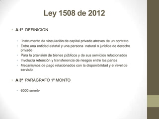 Ley 1508 de 2012
• A 1º DEFINICION

  • Instrumento de vinculación de capital privado atreves de un contrato
  • Entre una entidad estatal y una persona natural o jurídica de derecho
    privado
  • Para la provisión de bienes públicos y de sus servicios relacionados
  • Involucra retención y transferencia de riesgos entre las partes
  • Mecanismos de pago relacionados con la disponibilidad y el nivel de
    servicio


• A 3º PARAGRAFO 1º MONTO

  • 6000 smmlv
 