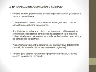 • A 16º EVALUACION ACEPTACION O RECHAZO

  • 6 meses una vez presentado la factibilidad para evaluación y consultas a
    terceros o autoridades.

  • Prorroga hasta 3 meses para profundizar investigaciones o pedir al
    originador mas estudios o precisiones.

  • Si la iniciativa es viable y acorde con los intereses y políticas publicas,
    comunica al originador las condiciones de aceptación de la iniciativa,
    incluyendo el monto que acepta como valor de los estudios realizados y
    las condiciones del contrato.

  • Puede rechazar la iniciativa mediante acto administrativo debidamente
    motivado (la propiedad de los estudios es del origizador)

  • 2 meses para aceptar condiciones o proponer alternativas, si no hay
    acuerdo se entiende rechazado.
 