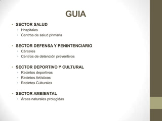 GUIA
• SECTOR SALUD
  • Hospitales
  • Centros de salud primaria


• SECTOR DEFENSA Y PENINTENCIARIO
  • Cárceles
  • Centros de detención preventivos


• SECTOR DEPORTIVO Y CULTURAL
  • Recintos deportivos
  • Recintos Artísticos
  • Recintos Culturales


• SECTOR AMBIENTAL
  • Áreas naturales protegidas
 