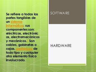 Se refiere a todas las   SOFTWARE
partes tangibles de
un sistema
informático; sus
componentes son:
eléctricos, electrónic
os, electromecánicos
y mecánicos.1 Son
cables, gabinetes o      HARDWARE
cajas, periféricos de
todo tipo y cualquier
otro elemento físico
involucrado.
 