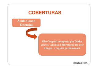 COBERTURAS
Ácido Graxo
Essencial

Óleo Vegetal composto por ácidos
graxos. Auxilia a hidratação da pele
íntegra e regiões perilesionais.

DANTAS,2005.

 