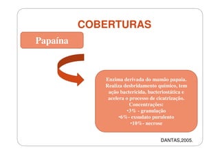 COBERTURAS
Papaína

Enzima derivada do mamão papaia.
Realiza desbridamento químico, tem
ação bactericida, bacteriostática e
acelera o processo de cicatrização.
Concentrações:
•3% - granulação
•6%- exsudato purulento
•10%- necrose
DANTAS,2005.

 