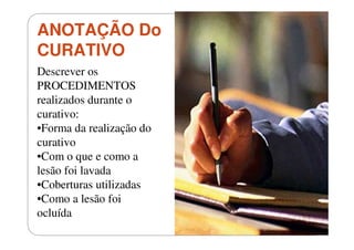 ANOTAÇÃO Do
CURATIVO
Descrever os
PROCEDIMENTOS
realizados durante o
curativo:
•Forma da realização do
curativo
•Com o que e como a
lesão foi lavada
•Coberturas utilizadas
•Como a lesão foi
ocluída

 