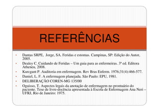 REFERÊNCIAS
•
•
•
•
•
•

Dantas SRPE, Jorge, SA. Feridas e estomas. Campinas, SP: Edição do Autor,
2005.
Dealey C. Cuidando de Feridas – Um guia para as enfermeiras. 3ª ed. Editora
Atheneu, 2008.
Kurcgant P. Auditoria em enfermagem. Rev Bras Enferm. 1976;31(4):466-577.
Daniel, L. F. A enfermagem planejada. São Paulo: EPU, 1981.
DELIBERAÇÃO COREN-MG 135/00
Oguisso, T. Aspectos legais da anotação de enfermagem no prontuário do
paciente. Tese de livre-docência apresentada à Escola de Enfermagem Ana Neri –
UFRJ, Rio de Janeiro: 1975.

 