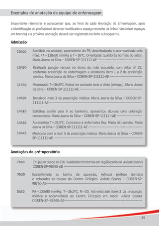 Exemplos de anotação da equipe de enfermagem

Importante relembrar e acrescentar que, ao final de cada Anotação de Enfermagem, após
a identificação do profissional deve ser inutilizado o espaço restante da linha (não deixar espaços
em branco) e a próxima anotação deverá ser registrada na linha subsequente.

Admissão

    10h00       Admitida na unidade, proveniente do PS, deambulando e acompanhada pela
                mãe, PA=110x80 mmHg e T=38ºC. Orientadas quanto às normas do setor.
                Maria Joana da Silva – COREN-SP-111111-AE -------------------------------------
    10h30       Realizada punção venosa no dorso da mão esquerda, com jelco nº 22,
                conforme prescrição de enfermagem e instalados itens 1 e 2 da prescrição
                médica. Maria Joana da Silva – COREN-SP-111111-AE ----------------------------

    11h30       Mensurado T=36,8ºC. Relata ter aceitado toda a dieta (almoço). Maria Joana
                da Silva – COREN-SP-111111-AE ------------------------------------------------------

    14h00       Instalado item 3 da prescrição médica. Maria Joana da Silva – COREN-SP-
                111111-AE --------------------------------------------------------------------------------

    14h10       Solicitou auxílio para ir ao banheiro, apresentou diurese com coloração
                concentrada. Maria Joana da Silva – COREN-SP-111111-AE ----------------------
    14h30       Apresentou T=38,2ºC. Comunico à enfermeira Dra. Maria de Lourdes. Maria
                Joana da Silva – COREN-SP-111111-AE -----------------------------------------------
    14h45      Medicada com o item 5 da prescrição médica. Maria Joana da Silva – COREN-
               SP-111111-AE -----------------------------------------------------------------------------


Anotações do pré-operatório

    7h00        Em jejum desde as 22h. Realizada tricotomia em região perianal. Julieta Soares
                COREN-SP-98760-AE --------------------------------------------------------------------

    7h30       Encaminhada ao banho de aspersão, retirada prótese dentária
               e colocadas as roupas do Centro Cirúrgico. Julieta Soares – COREN-SP-
               98760-AE-----------------------------------------------------------------------------------

    8h30       PA=130x80 mmHg, T=36,3ºC, R=20. Administrado item 3 da prescrição
               médica e encaminhada ao Centro Cirúrgico em maca. Julieta Soares
               COREN-SP-98760-AE-------------------------------------------------------------



                                                                                                         19
 