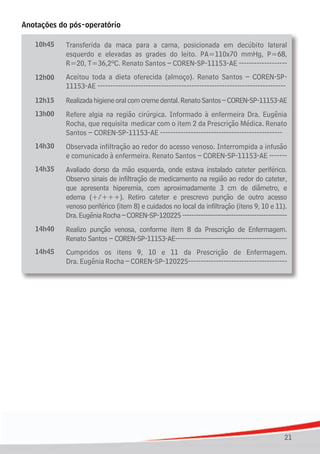 21
Anotações do pós-operatório
Transferida da maca para a cama, posicionada em decúbito lateral
esquerdo e elevadas as grades do leito. PA=110x70 mmHg, P=68,
R=20, T=36,2ºC. Renato Santos – COREN-SP-11153-AE -------------------
Aceitou toda a dieta oferecida (almoço). Renato Santos – COREN-SP-
11153-AE --------------------------------------------------------------------------
Realizadahigieneoralcomcremedental.RenatoSantos–COREN-SP-11153-AE
Refere algia na região cirúrgica. Informado à enfermeira Dra. Eugênia
Rocha, que requisita medicar com o item 2 da Prescrição Médica. Renato
Santos – COREN-SP-11153-AE ------------------------------------------------
Observada infiltração ao redor do acesso venoso. Interrompida a infusão
e comunicado à enfermeira. Renato Santos – COREN-SP-11153-AE -------
Avaliado dorso da mão esquerda, onde estava instalado cateter periférico.
Observo sinais de infiltração de medicamento na região ao redor do cateter,
que apresenta hiperemia, com aproximadamente 3 cm de diâmetro, e
edema (+/+++). Retiro cateter e prescrevo punção de outro acesso
venoso periférico (item 8) e cuidados no local da infiltração (itens 9, 10 e 11).
Dra.EugêniaRocha–COREN-SP-120225---------------------------------------------
Realizo punção venosa, conforme item 8 da Prescrição de Enfermagem.
Renato Santos – COREN-SP-11153-AE------------------------------------------------
Cumpridos os itens 9, 10 e 11 da Prescrição de Enfermagem.
Dra. Eugênia Rocha – COREN-SP-120225---------------------------------------
10h45
12h00
12h15
13h00
14h30
14h35
14h40
14h45
 