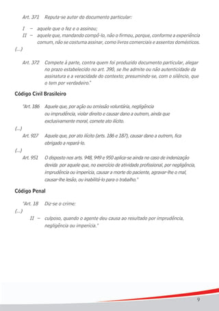 9
Art. 371 Reputa-se autor do documento particular:
	 I	 –	 aquele	que	o	fez	e	o	assinou;
II – aquele que, mandando compô-lo, não o firmou, porque, conforme a experiência
comum, não se costuma assinar, como livros comerciais e assentos domésticos.
(...)
Art. 372 Compete à parte, contra quem foi produzido documento particular, alegar
no prazo estabelecido no art. 390, se lhe admite ou não autenticidade da
	 	 	 	 assinatura	e	a	veracidade	do	contexto;	presumindo-se,	com	o	silêncio,	que		
o tem por verdadeiro.”
Código Civil Brasileiro
"Art. 186 Aquele que, por ação ou omissão voluntária, negligência
ou imprudência, violar direito e causar dano a outrem, ainda que
exclusivamente moral, comete ato ilícito.
(...)
Art. 927 Aquele que, por ato ilícito (arts. 186 e 187), causar dano a outrem, fica
obrigado a repará-lo.
(...)
Art. 951 O disposto nos arts. 948, 949 e 950 aplica-se ainda no caso de indenização
devida por aquele que, no exercício de atividade profissional, por negligência,
imprudência ou imperícia, causar a morte do paciente, agravar-lhe o mal,
causar-lhe lesão, ou inabilitá-lo para o trabalho."
Código Penal
"Art. 18 Diz-se o crime:
(...)
II – culposo, quando o agente deu causa ao resultado por imprudência,
negligência ou imperícia."
 