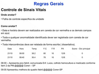 Data Hora Temp F.C F.R PA Score – Dor principal
21/10 08:00 38.2 80 16 12/8 0
21/10 08:40 36.4 78 16 12/8 0
Controle de Sinais Vitais
Onde anotar?
• Folha de controle específica da unidade
Como anotar?
• Data e horário devem ser realizados em caneta de cor vermelha e os demais campos
em azul.
• Toda e qualquer anormalidade identificada dever ser registrada com caneta de cor
vermelha.
• Toda intercorrências deve ser relatada de forma escrita ( dissertativa).
08:00 – Apresenta pico febril, comunicada Enf. Luiza, colhido hemocultura e medicado conforme
item 2 da PM.@@@@ Coren – SP
09:00 Apresentou melhora do quadro febril.@@@@ Coren-SP
Ex
Regras Gerais
 